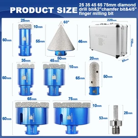 BRSCHNITT Diamond Drill bits kit for Porcelain Porcelain Tile Ceramic Marble Brick Concrete Vacuum Brazed Hole Saw (25/35/45/65/75mm+20mm Finger Bits+50mm Beveling Chamfer Bit)