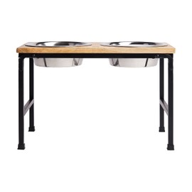 GF Pet WOOD & METAL FEEDER - Premium Mango Wood Feeder with Metal Stand, 2 Stainless Steel Bowls for Food or Water included, Perfect for Dogs, Cats and Pets of Any Size, for Home or Office (TALL)