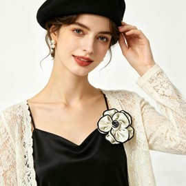 Camellia Flower Brooch Pin for Women Black Flower Brooches Large Fabric Flowers Brooch for Women Dress Accessorie (White flower brooch)