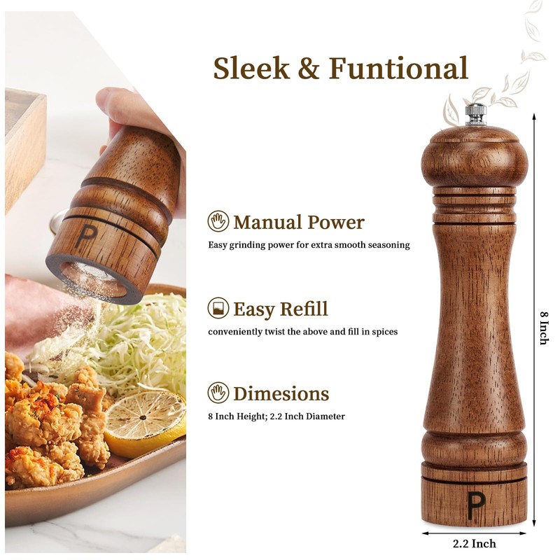 Wooden Salt and Pepper Grinder Set Refillable Salt & Pepper