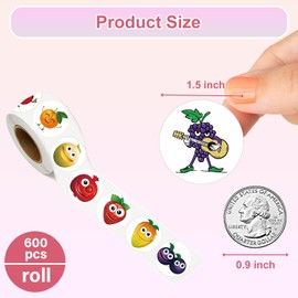 UVUXO 600 PCS Cartoon Cute Fruit Sticker Roll for Kids - Round 1.5 Inch 8 Tyles Funny Fruit Kindergarten Stickers Teacher Stickers Kids Birthday Party School Reward Giveaways