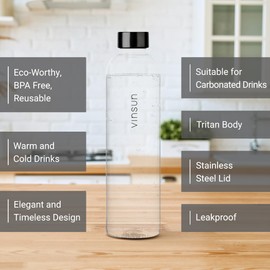 VINSUN Water Bottle 1L Transparent - BPA free, Leak-proof, Reusable, Tritan - Drinks Bottle for Sports, Gym, Travel, School, Cycling, Running, Work