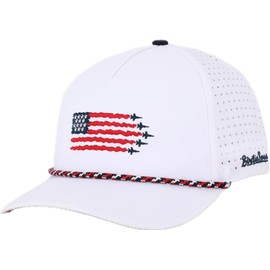 BirdieBoss Patriotic American Flag Baseball Cap, White with Braided Rope Trim, Perforated Design