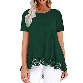 Women Plus Size Tops Summer Short Sleeve Tunic Tops Lace Hem Tee Shirts Green 3X
