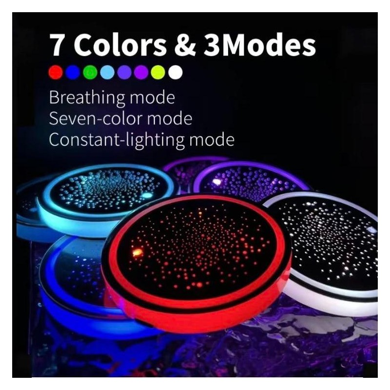 2PCS LED Cup Holder Lights for Car, Rechargeable 7 Color-Changing