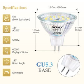 DiCUNO MR16 LED Bulbs Dimmable Daylight White 6000K 50W Halogen Equivalent 12V AC/DC, 5W GU5.3 Bi-Pin Base Bulb, 120 Degree Beam Angle 500LM, Landscape Light Recessed Track Lighting, 10 Pack
