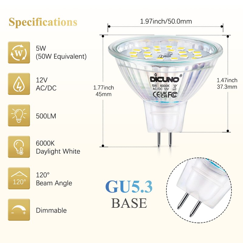 DiCUNO MR16 LED Bulbs Dimmable Daylight White 6000K 50W Halogen