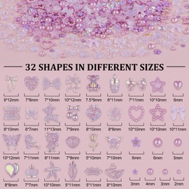 150 PCS 3D Nail Charms Butterfly Bow Star Heart Bear Shiny Jewels with 3D Flowers and Flat Pearls, Over 400 PCS Cute Charms in Total with Pickup Tools for Nail Art Decoration(Purple)