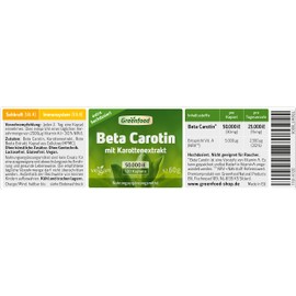 Greenfood Beta Carotene Capsules, 50,000 iE (30 mg), Vegi-Capsules, Extra High Dose, Without Artificial Additives, Vegan