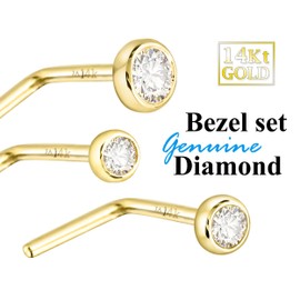 14K Yellow Gold Bezel Set 2.5mm-0.08 ct Diamond L-Shape Nose Stud 22G L-Bend Nose Ring - LSBZRD-YG25WD