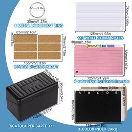 Pack of 260 Index Cards Box Pocket Labeled Lines Index Box Including 180 Colourful Index Cards with Ring Index Box Black 15 x 9.5 x 8.5 cm for On the Go Learning Notes School Supplies Office Home