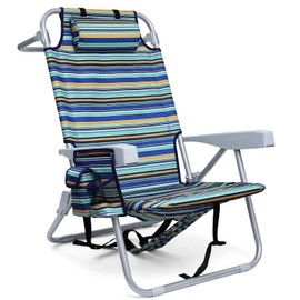 Yestomo Backpack Beach Chair for Adults, Folding Beach Chair with 4 Positions, Heavy Duty Chair with Large Cooler Pouch Support to 350LBS (Stripes_Blue&Cyan&Yellow)