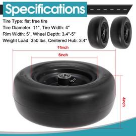 11x4.00-5" Front Wheel Flat Free Mower Tire, Solid Smooth Tire for John Deere for Craftsman for Toro Zero Turn Lawn Mower with 3.4"-5" Center Hub and 3/4" 5/8" 1/2" Precision Bearings (Black-1pc)
