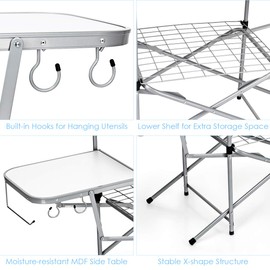 GYMAX Aluminum Folding Camping Table, Outdoor Grill Table with Side Table, Hooks & Carry Bag, Heavy Duty Picnic Table for Outdoor Backyard, Beach RVing Barbecue (Silver)