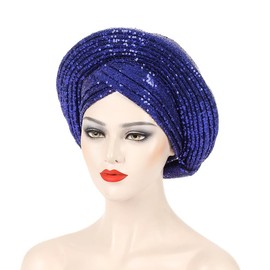 Ready to Wear African Auto Gele Headties Nigeria Wedding Geles Muslim Head Wrap Hijab Headpiece Sequins Turban Cap for Women (Royal Blue)