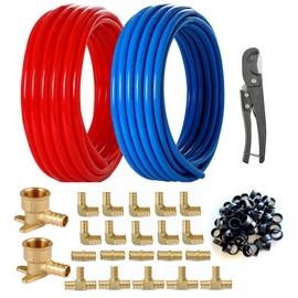 GUOFIS 1/2 Inch PEX-B Pipe/Tool Kit: Blue & Red Each 100 Feet (200 ft) PEX Tubing with 62 PACK PEX Fittings: 40 PCS Pex Copper Rings, Drop-Ear Elbow 2, Elbow 10, Tee 5, Coupling 5