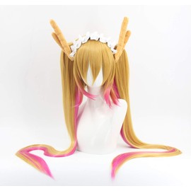 44" Women's Fashion Long Straight Orange and pink Cosplay Wig with Horn Accessories