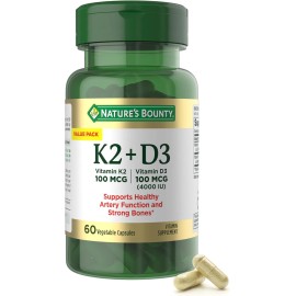 Nestle Health Science Nature's Bounty Vitamin D3 K2– 4000IU D3 + 100mcg K2, Heart & Bone Support, 60ct