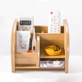 Wooden Desktop Organiser, Pen Holder Caddy with Compartments and Drawer, Multifunctional Office Home School Storage for Stationery, Bamboo Grain