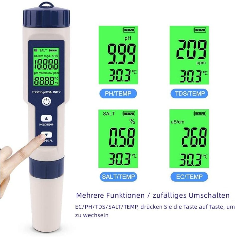 OPSLEA 5 in 1 TDS/EC/PH/Salt Content/Temperature Meter Digital Water Quality