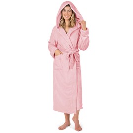 PAVILIA Pink Women Robe with Hood, Fleece Lightweight Soft Long Hooded Robe for Women, Plush Fuzzy Cozy Warm Bathrobe Shower Spa House, 2XL/3XL