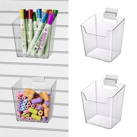 Clear Slatwall Bins, Large 4 Pack Slat Wall Accessories Cups Hooks Assemble Set Fit Most Slat Board Storage Systems Transparent Display Hanging Holder Organizers for Garage Shed Office Craft Tool