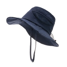 Sombrero de malla de ala ancha para niños con protección solar UPF 50+, sombrero de protección solar ajustable para el verano, Azul Marino, Talla única