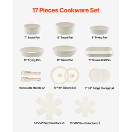 VEVOR 17 Piece Pots and Pans Set Nonstick, Detachable Handle Cookware, Space Saving Induction cookware set, Kitchen RV Cooking Sets, with Frying, Sauce, Saute, Tempered Glass Lids, Oven Safe, White