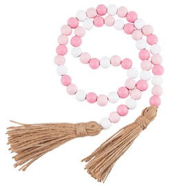 CREATCABIN 42 Inch Wooden Beads Garland Decoration Rustic Country House Boho House Pink White Wooden Beads Tassel Wall Hanging Ornaments for Coffee Table Wall Shelf Tray Vase Living Room Bedroom