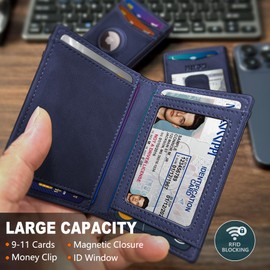 MIYOZI Airtag Wallet for Men 9-11Cards- with Money Clip Gift Boxed, Magnetic Closure Slim Genuine Leather Front Pocket Wallet, 3.9"x 2.7", RFID Blocking