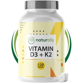 naturally Vitamin D3 K2 Tablets - 120 Tablets 5000 IU Vitamin D3 and Vitamin K2 (MK7) - Laboratory Tested, No Additives, Vegan