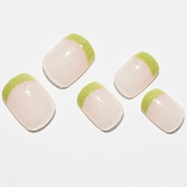 GLAMERMAID Press on Nails Extra Short Squoval, Spring Summer Glitter Green French Tip Gel Glue on Nails, 24Pcs Glossy Round Reusable UV Finish Fake Nails Acrylic False Nails Manicure Kits for Women