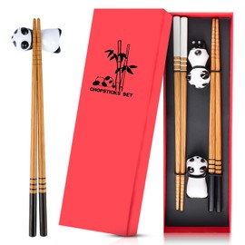 Panda Ceramic Chopsticks Holder, Bamboo Shape Alloy Chopsticks Gift Set, Reusable Chinese Style, Classic Style in Elegant Box Gift Box (2 Pairs)