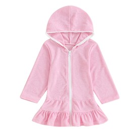 Kids Hooded Terry Swim Cover Up for Girl Swimsuit Summer Zip Ruffle Dress Long Sleeve Floral Towel Coverup Swimwear (Pink, 2-3T)