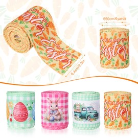 4 Rolls Easter Ribbons, 24 Yards Bunny Truck Egg Carrot Pastel Spring Ribbon Easter Decorative Wired Ribbons Embellishments for Gift Wrapping Bows Wreath Party Home Decor Crafts (4 Styles)