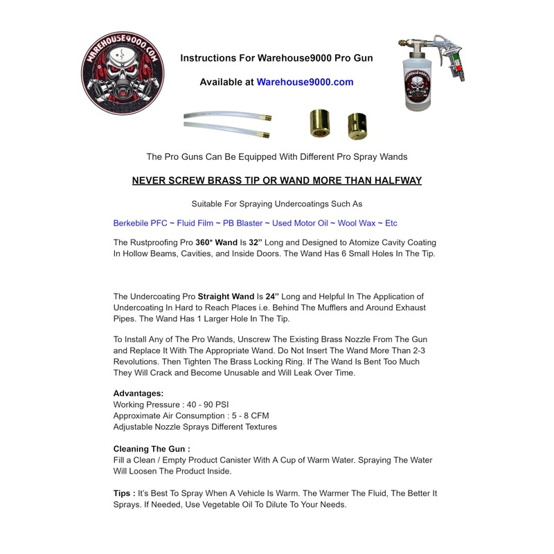 Pro Undercoating Spray Gun, 1-32" 360* Wand, 3 Black Quart