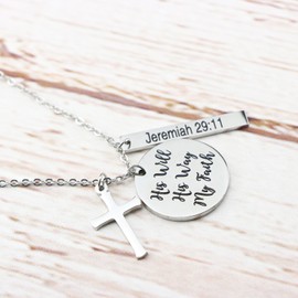 His Will His Way My Faith Scripture Necklace Cross Pendant Jewelry Gift for Women