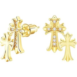 Gold Double Cross Stud Earrings for Women and Men 14k Gold Plated Small Pave CZ Dangling Hypoallergenic Lightweight Accessory - Style: Double Cross A-GD