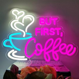 But First Coffee Neon Sign, Large 5 V USB Operated Acrylic Neon Lights with Dimmable Switch and Hanging Chain for Coffee, Cafe, Bar, Party, Living Room Sign Gifts, 35.5 x 28.7 cm (Pink)