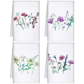 Bencailor 4 Pcs Flowers Hand Towels for Bathroom Wildflowers Plants Embroidered Absorbent Dish Towels Offset Printing for Hand Drying Kitchen Decor