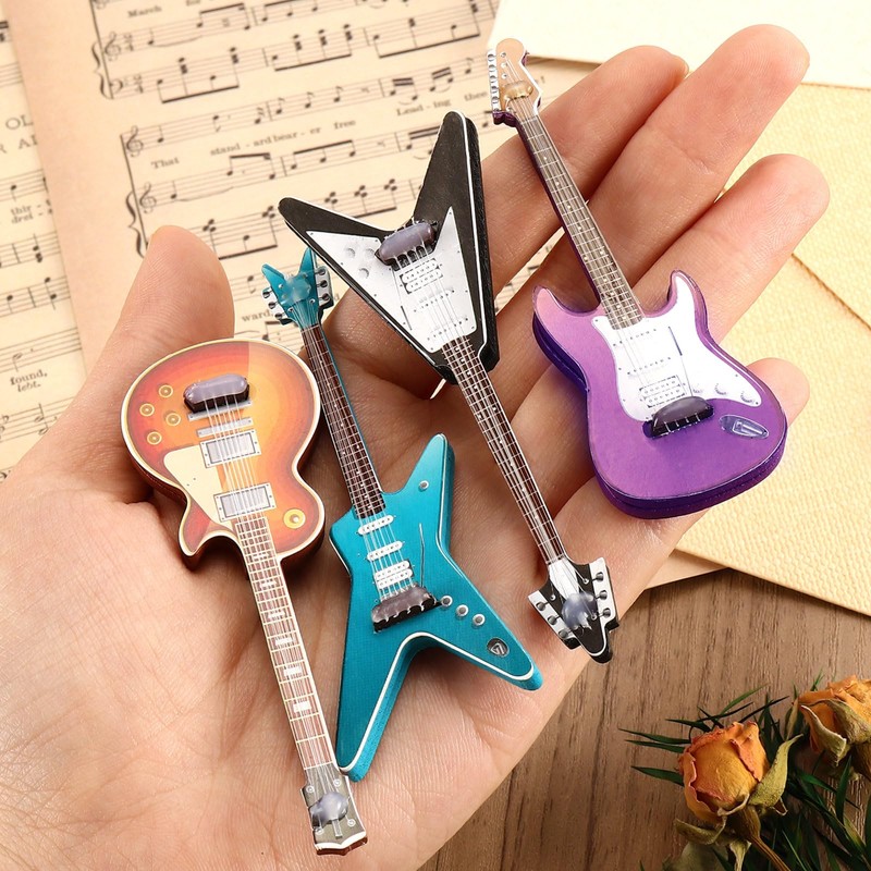4 Pcs Guitar Fridge Magnets Mini, 1:12 Scale Wooden Musical