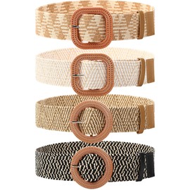 WILLBOND 4 Pcs Straw Woven Belt Elastic Stretch Rattan Buckle Waist Belt Women Skinny Raffia Dress Waist Band (Natural Color,Medium)