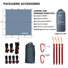 NatEtoile Waterproof Camping Tarp - PU5000mm Coating Rain Fly for Hammock Cover, Tarp Tent, Versatile with 19 tie-Outs - Portable, Essential for Backpacking and Camping Gear - 10x10ft