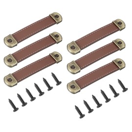 PATIKIL 4.4" Leather Drawer Pulls with Iron Sheet, 6 Pcs Leather Strap Trunk Handle Cabinet Knobs Hardware Replacement with 18mm Screws for Dresser Door Suitcase Luggage, Light Brown