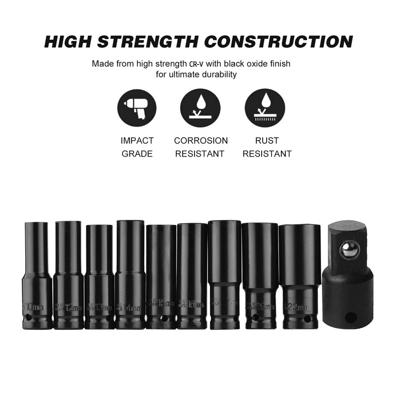 1/2 Inch Drive Hex Impact Socket Set 10-Piece Deep Socket