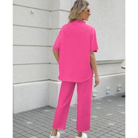 SeeLuNa Women's Two Piece Outfits 3/4 Batwing Sleeve Capelet Crew Neck Pullover Top Wide Leg Pants Lounge Set(Rose-Red,XS)