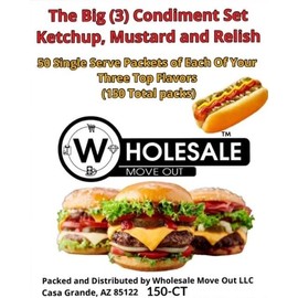 Wholesale Move Out Condiment Variety Pack, 150 Single Serve Packets, Ketchup Mustard Relish, 50 Each