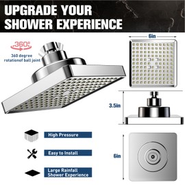 Happnear 2025 Pressure Filtered Shower Head Square - 360° Rotatable High Flow Shower Head with Filters, 6’’ Square Adjustable Rain Shower Head Replacement with Luxury Look (Chrome)