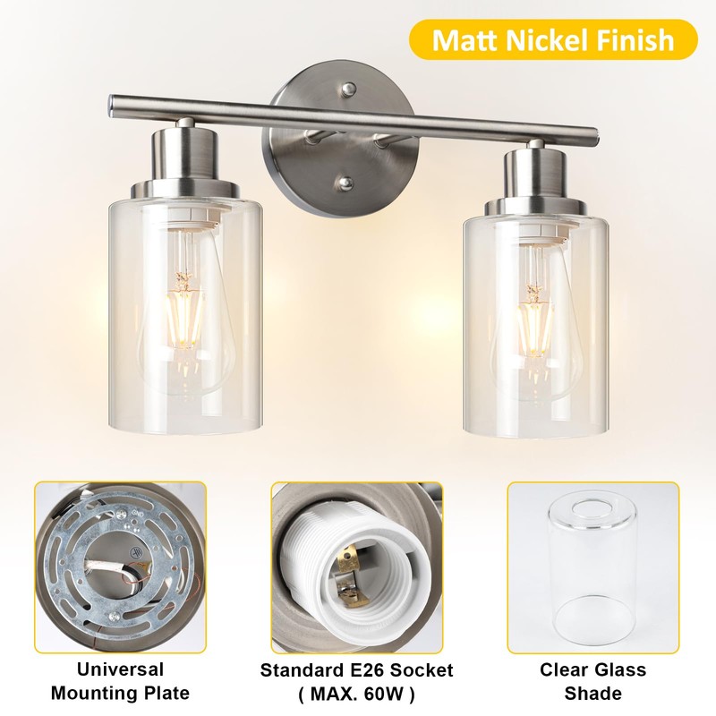 Unicozin 2 Light Vanity Lights, Brushed Nickel Wall Sconce Light