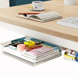 Bisofice Under Desk Drawer Hidden Storage Box Desktop Organizer Transparent Tray Suitable for Desk with Lip Installation with Attachable Strip/Screws Ideal for Home Office Organization